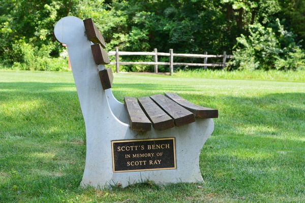 View of a bench dedicated to Scott Ray at Chapel Hill